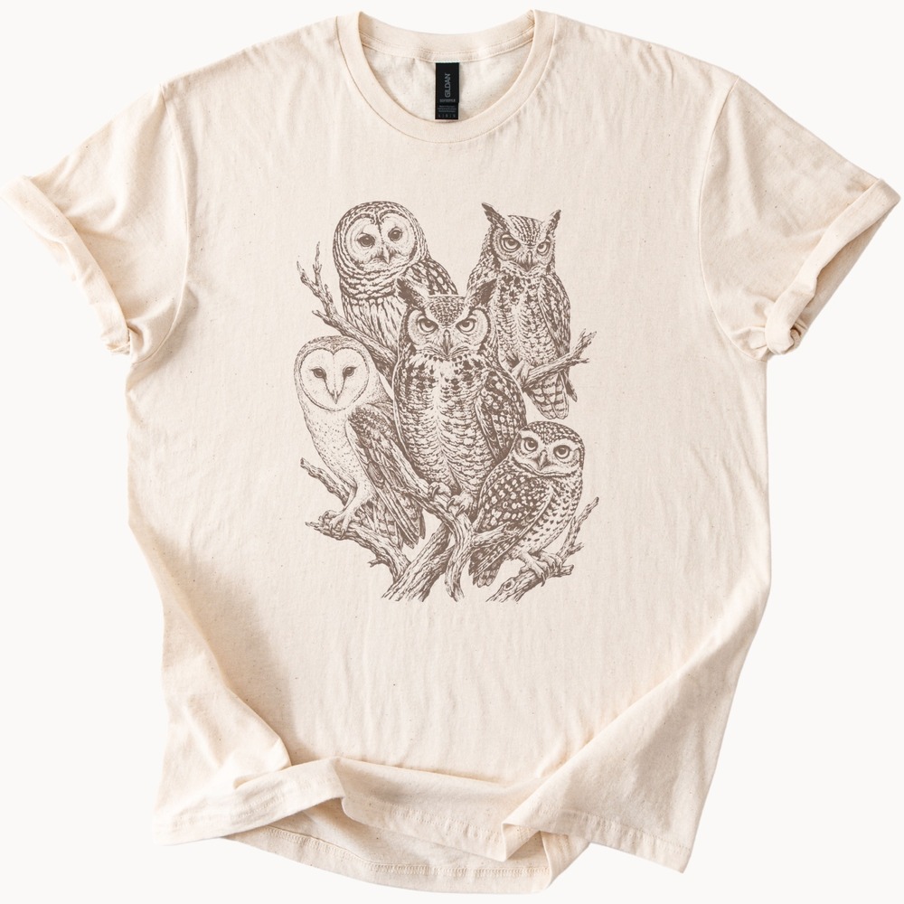 Five Owls Detailed Ink Line Drawing Graphic Tee Nature Art